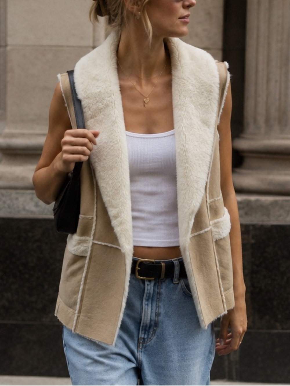 Cupcakes and Cashmere Vegan Suede Fur Moto Vest Tan Cream Size S Festival Boho